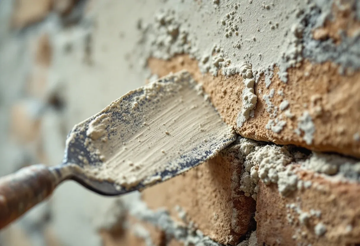 Steel pointing trowel spreading fresh creamy lime mortar onto a solid brick wall